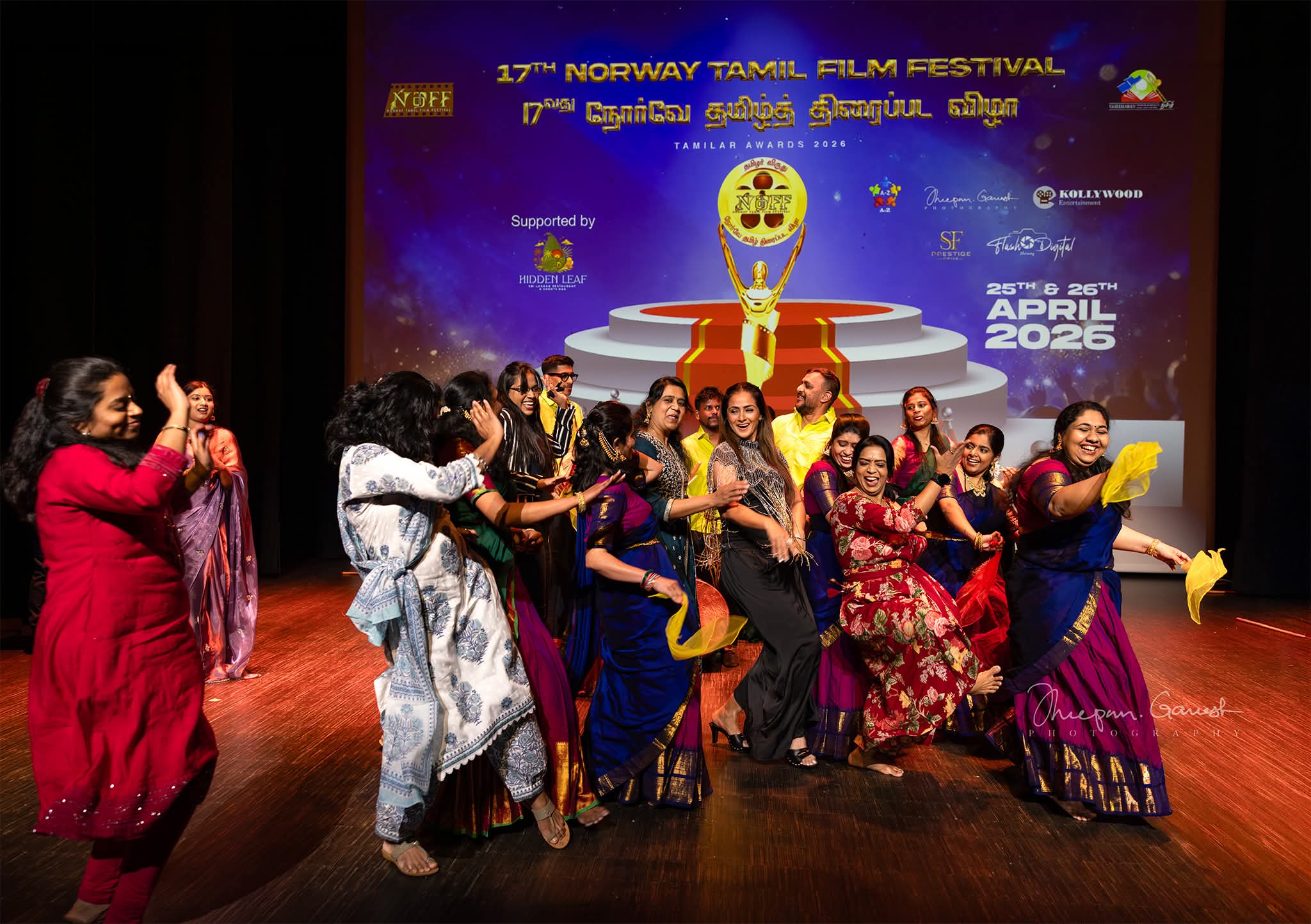 Dancers mid-performance on stage at the 17th Norway Tamil Film Festival