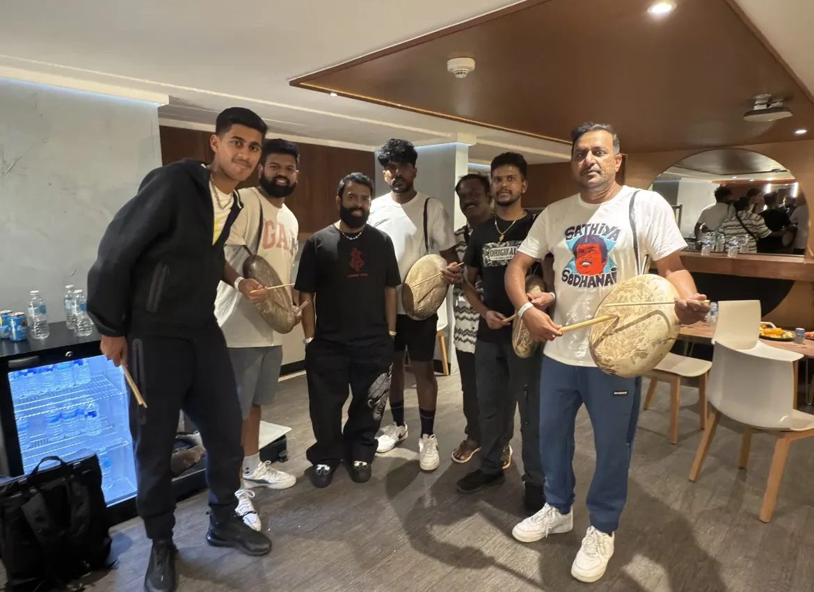 The parai group backstage with their drums before the Santhosh Narayan concert