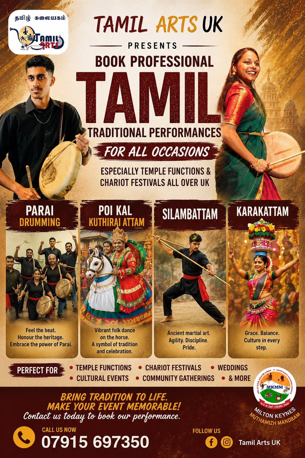 Tamil Arts UK promotional flyer: book professional Parai Drumming, Poi Kal Kuthirai Attam, Silambattam and Karakattam performances