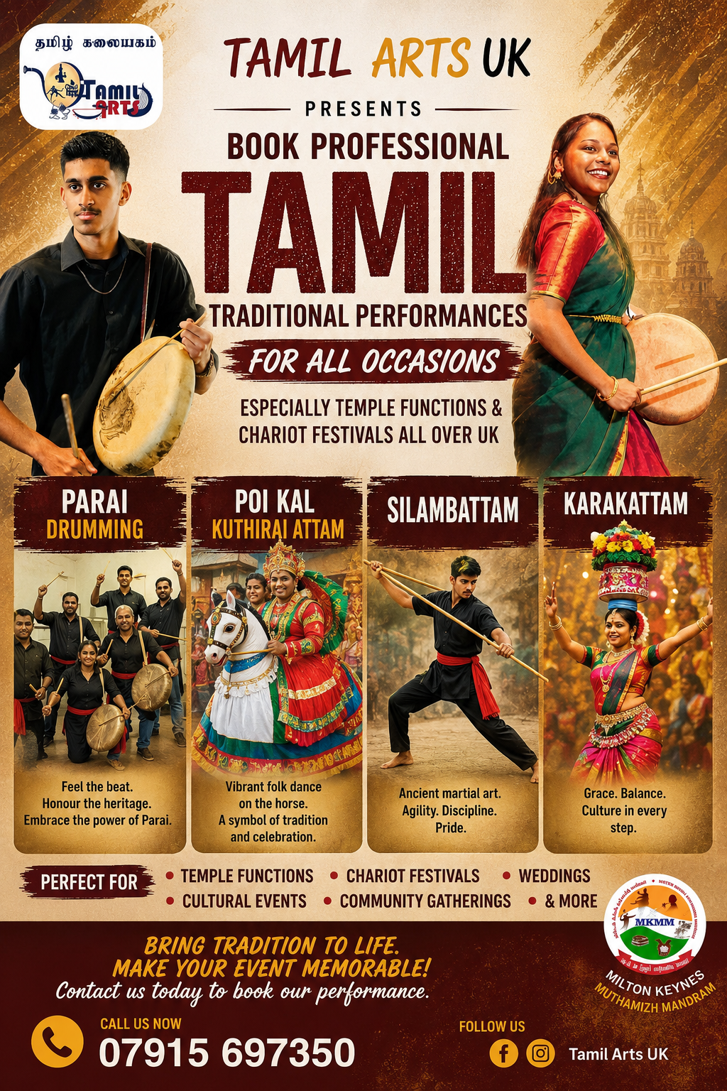 Tamil Arts UK promotional flyer: book professional Parai Drumming, Poi Kal Kuthirai Attam, Silambattam and Karakattam performances
