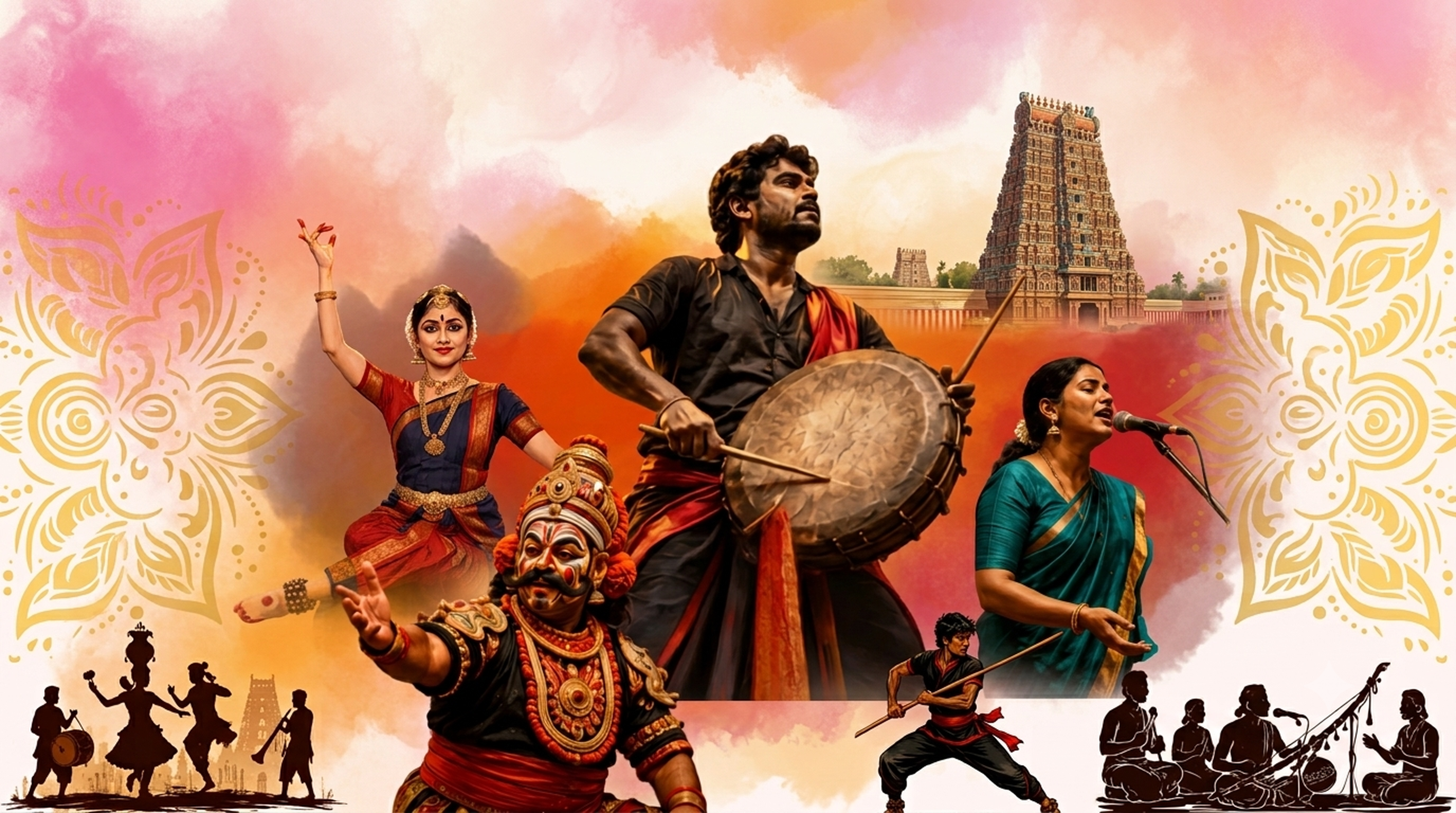 Collage of Tamil Arts UK performers: Bharatanatyam dancer, drummer, folk theatre artist, vocalist and martial artist, with the Meenakshi Amman Temple gopuram in the background